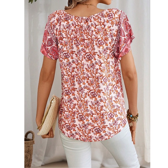 Pink Floral Printed Boho Short Sleeve Shirt V-Neck Ties - Picture 3 of 5